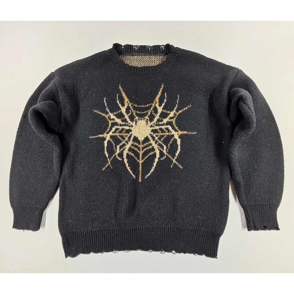 Romwe Women Black Spider Sweater Distressed Lace Accent Edges Goth Witchy Small
